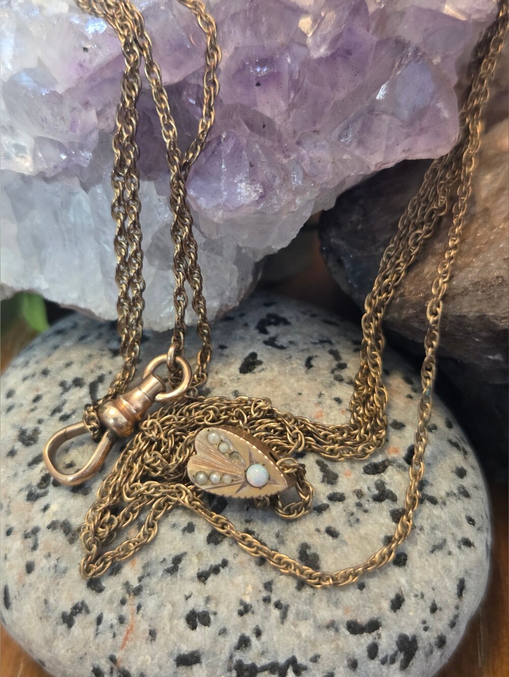 Antique GF Opal And Pearl Slider Charm Watch Chain